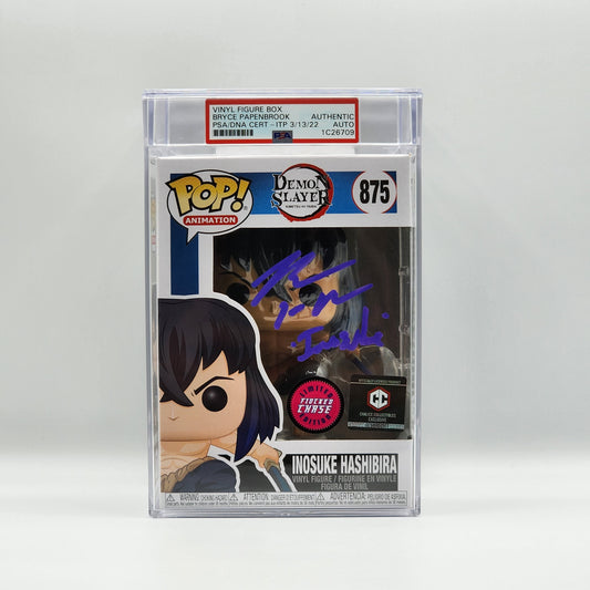 PSA ENCAPSULATED & SIGNATURE CERTIFIED - Funko POP! - DEMON SLAYER - INOSUKE HASHIBIRA - LIMITED EDITION FLOCKED CHASE - CHALICE COLLECTIBLES EXCLUSIVE (SIGNED BY BRYCE PAPENBROOK)